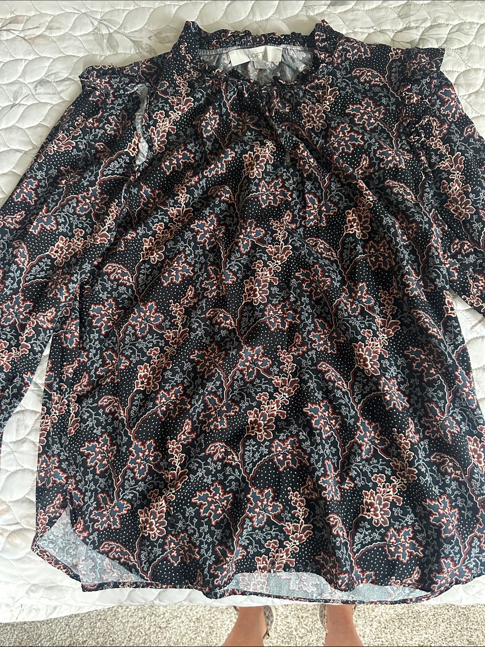 LOFT Black Floral Cold-Shoulder Blouse with Pink Accents